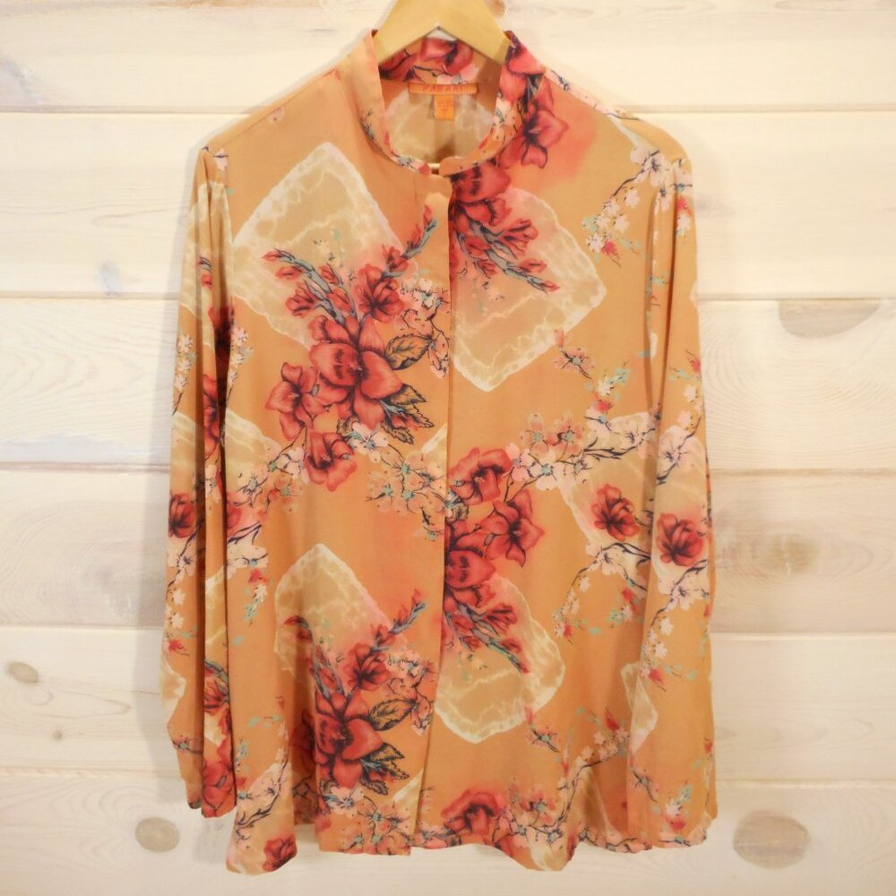 Harari Women's Size 0X 100% Silk Long Sleeve Blouse Floral Print Sunset Orange